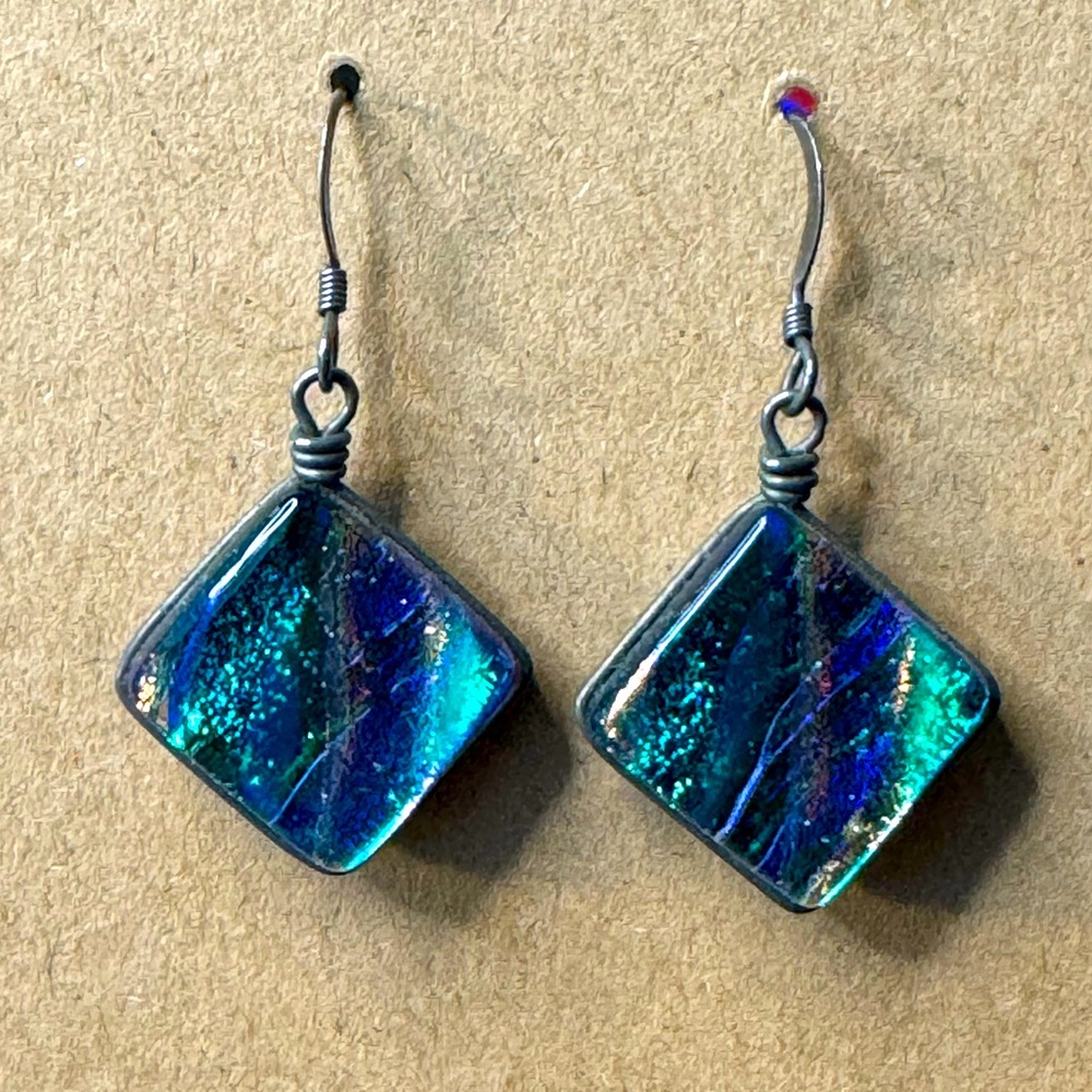 Dichroic glass dangle earrings.
